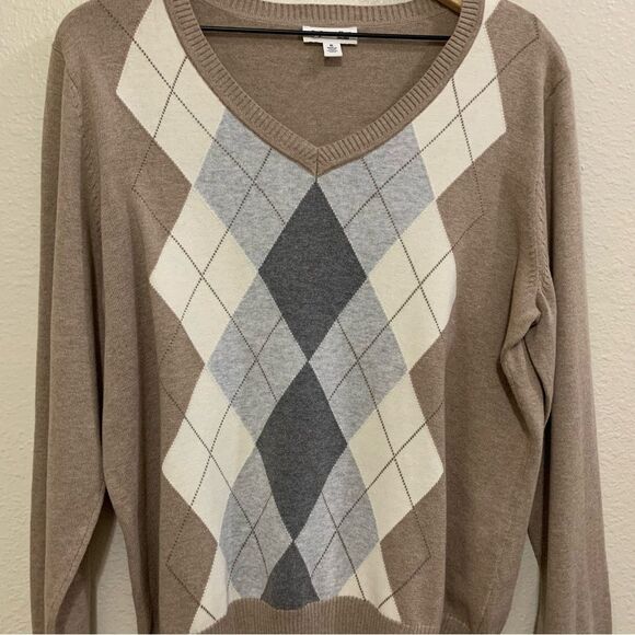 ST. JOHN’S BAY Argyle Sweater Women’s XL Tan White Gray 100% Cotton. - Picture 4 of 12